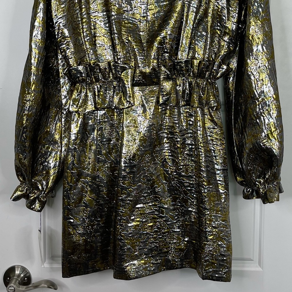 DRIES VAN NOTEN Ruffle Trimmed Metallic Silk Blend Brocade Dress NEW Silver Gold - Picture 11 of 15